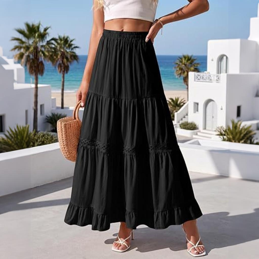 Women's Long Cotton Skirt Elastic Waist Lace Trim Tiered A-Line Maxi Skirt Lightweight Pleated Half Length Skirt Casual Summer Skirt