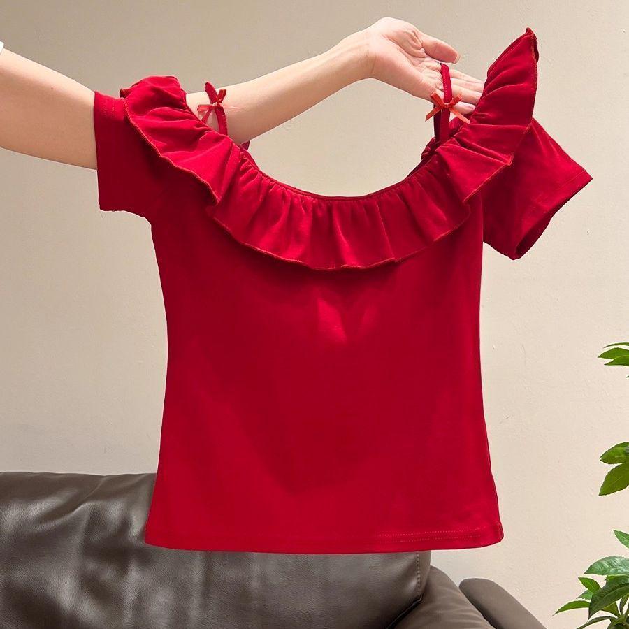 Top Estivo da Donna 2025 con Spalline Sottili, Scollo Bardot, Volant e Fiocco, Vita Sagomata, Vestibilità Slim