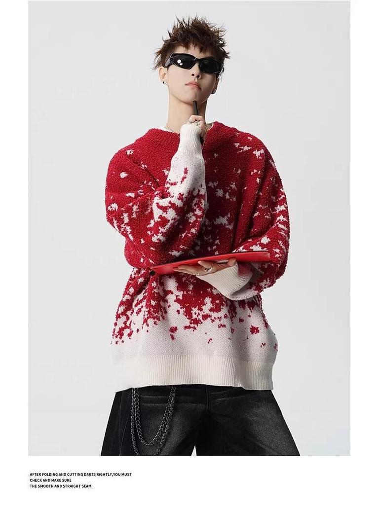 Men's Trendy Red Gradient Snowflake Sweater - Loose Fit, Casual Round Neck, Long Sleeve, Color Block Knitted Top