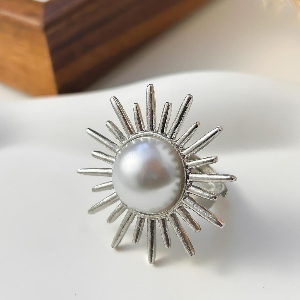 Inel Vintage Floarea Soarelui Lună cu Articulație Mobilă Culoare Aurie Argintie Perlă de Imitație Plisat Geometric Inele pentru Articulații pentru Femei Bărbați Bijuterii Irregulare de Modă