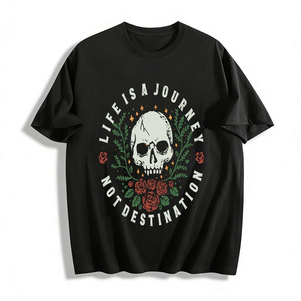 Life Is A Journey Not Destination Skull Floral Graphic Tee Pure cotton T-shirt XXS