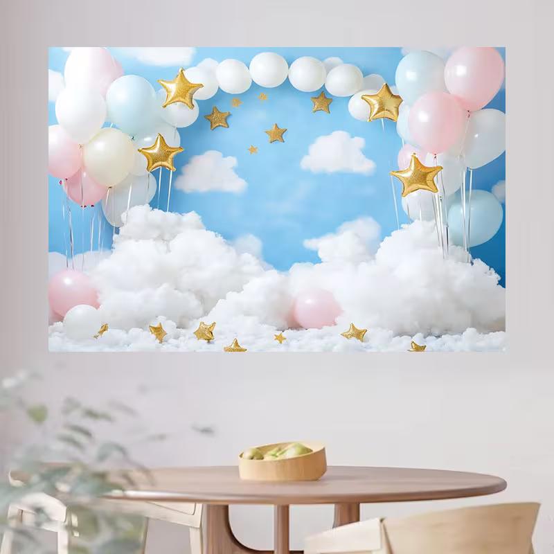 2D Blue Sky White Cloud Balloon Backdrop for Newborn Photography