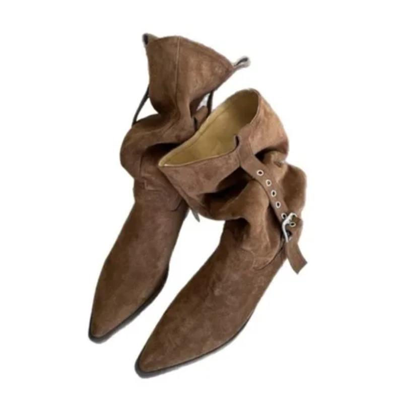 French Style Knee High Boots Women's Pointed Toe Medium Heel Boot Autumn Winter 2025 New Arrival Belt Buckle Design