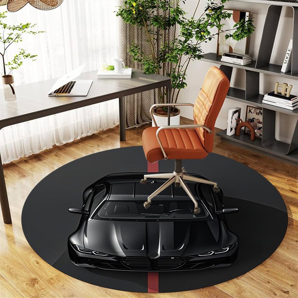 1PC Luxury black car Design Round Chair mat Area Rug - Non-Slip, Floor Mat for Office, Bedroom, home decor Christmas Gift c0528012
