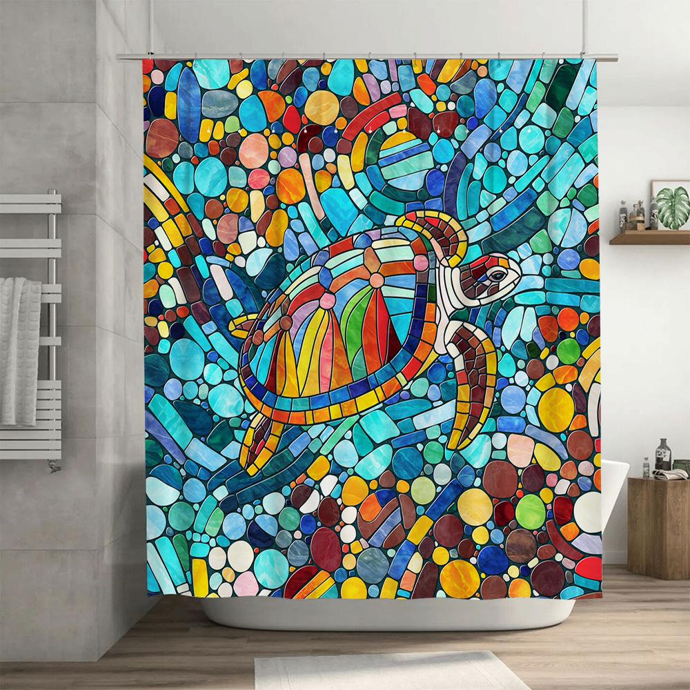 Handmade Mosaic Shower Curtain, Sea Turtle Print, Waterproof Fabric Bath Mat Decor, Multicolor Artistic Stained Glass Design Hom