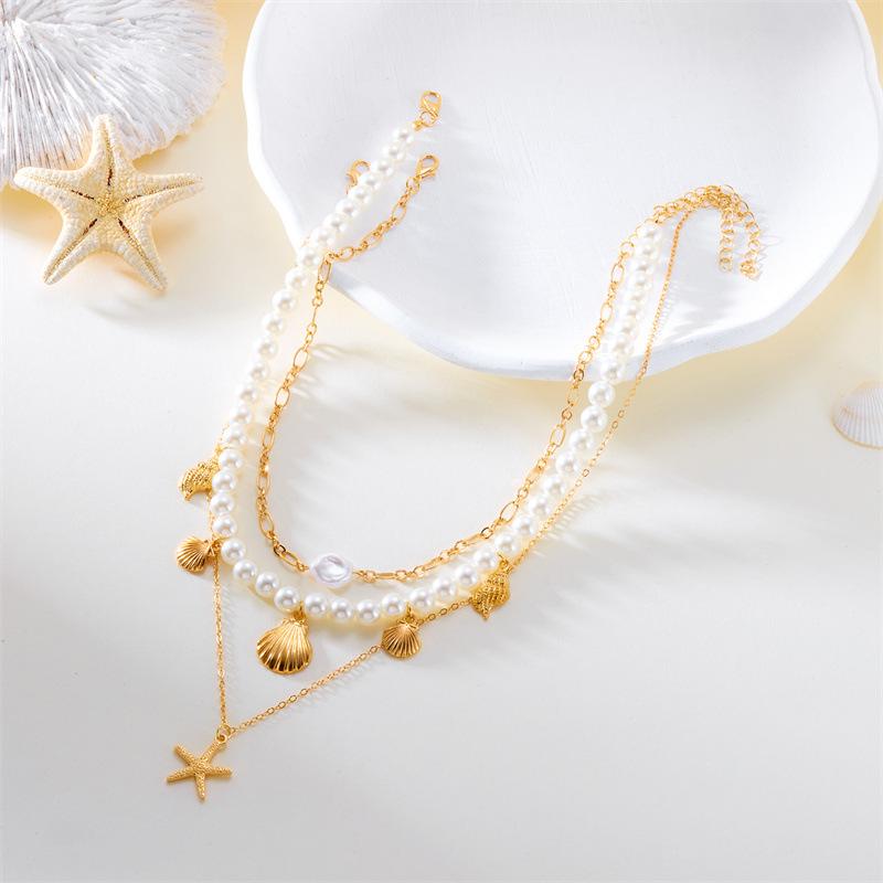 Mulitlayer Imitation Pearl Shell Starfish Pendant Necklace For Women Bohemian Ocean Elements Charm Choker Necklace Jewelry