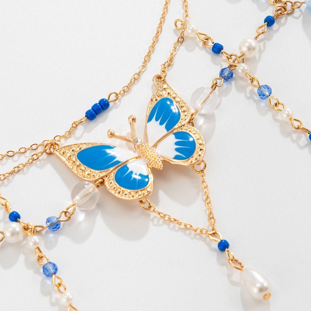 Bohemian Style Butterfly Pendant Necklace Pearl Beads Chain Choker Multilayer Necklace  Girls