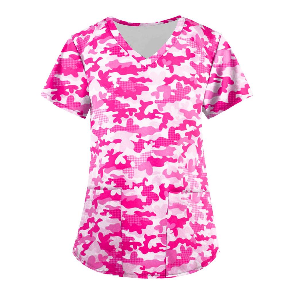 Women's Fashion V-neck Short Sleeve Workwear With Pockets Printed Tops