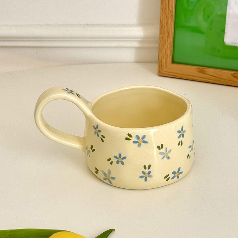 Ceramic Mug Cute Hand Pinched Irregular Small Flower Pattern Coffee Cup Breakfast Milk Tea Cups Gift for Girls