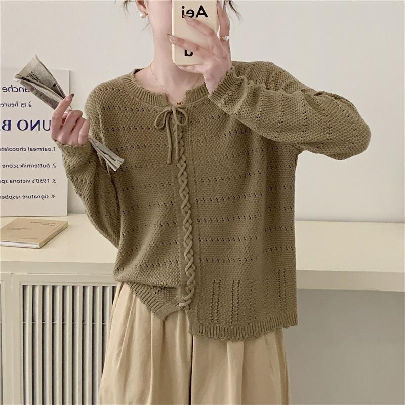 Spring Solid Color Sweater Top Thin Lace Round Neck Knitted Sweater for Women