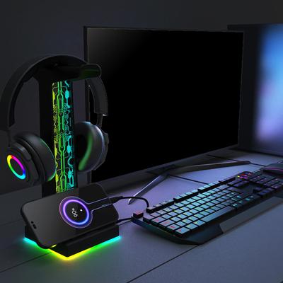 LED Gaming Headphone Stand Double USB Port 3.5mm Port 10 Lighting Effects Desktop Gaming Headset Holder Hanger for Gamer