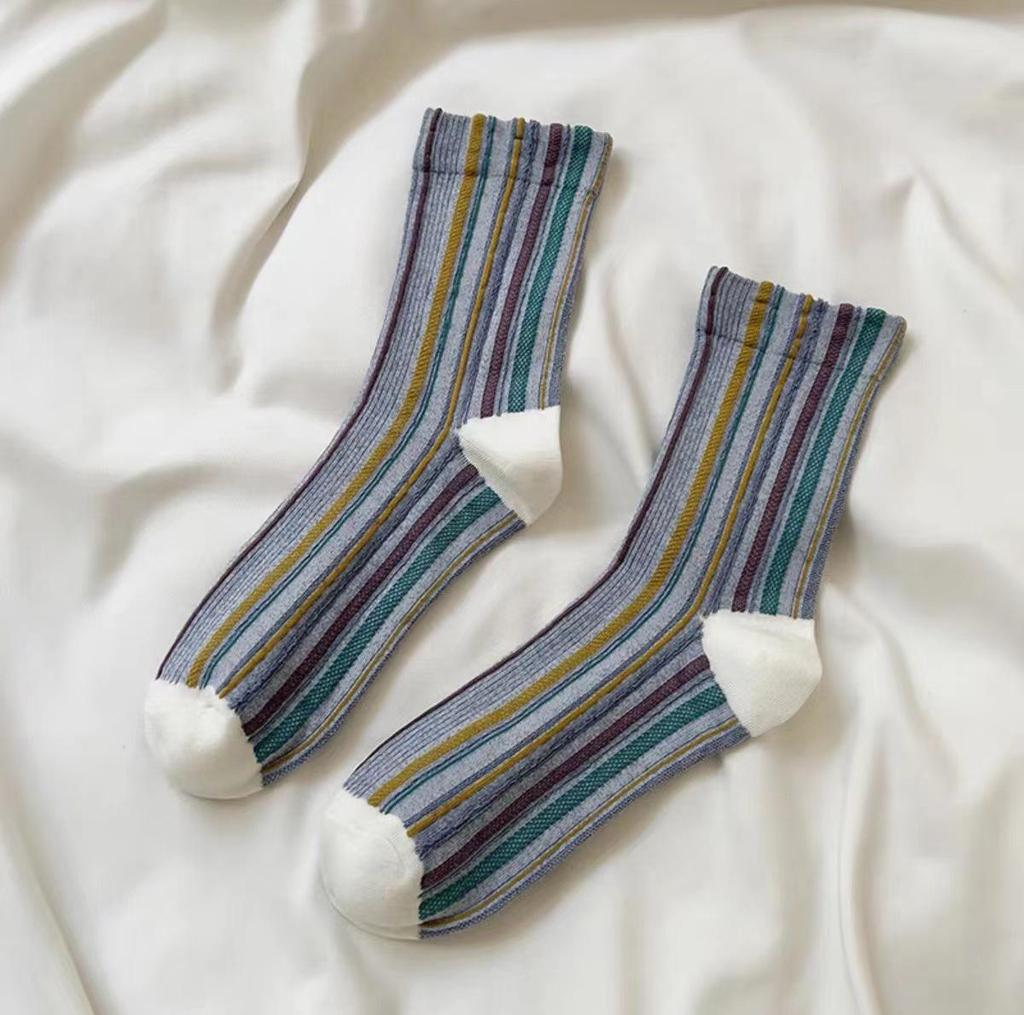 Women's Retro Ethnic Style Color Block Striped Mid-Calf Socks for Spring and Autumn