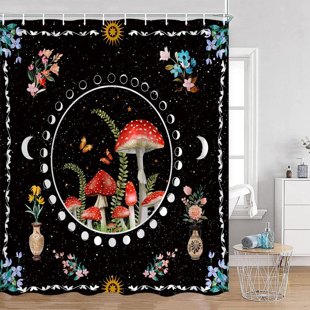 Vintage Mushroom Shower Curtain Astrology Magic Starry Night Flower Frog Mandala Dark Bathroom Curtain Plant Home Decor for Bath