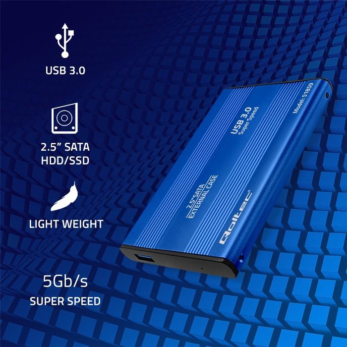 Qoltec Aluminiumgehäuse | Tasche für 2,5" HDD SSD Laufwerke SATA3 | USB 3.0 | Blau