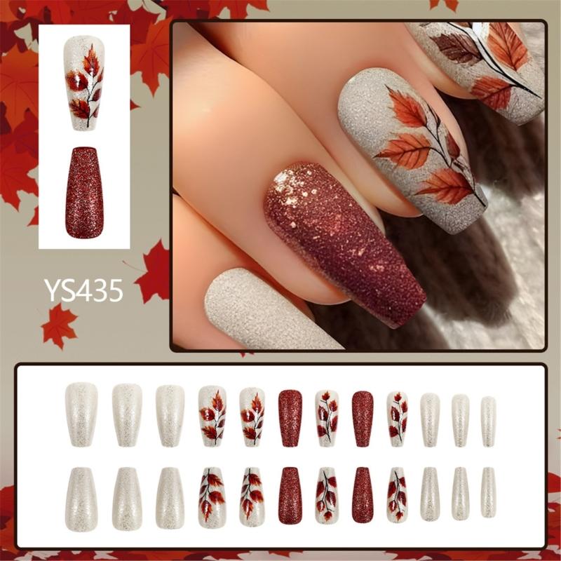Thanksgiving Maple Leaf Press On Nail False Nail Full Coverage 24pcs Stick On Nail for Fall Fashion Acrylic Nail Set