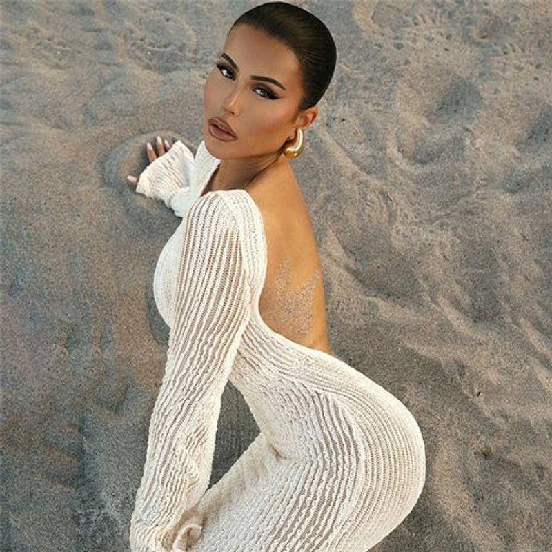 

European and American Women s Clothing 2023 Fall and Winter New Fashion Sexy Backless Long Sleeves Beach Dress Pure Color Knitting Silm Dress White L