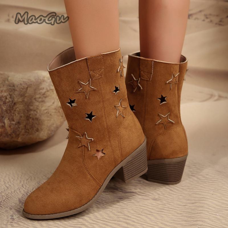 Fashion 2025 Women's Summer Boots Retro Cowboy Chic Block Stars Hollow Breathable Cowgirl Mid-calf Boots Music Festival Footwear Shoes