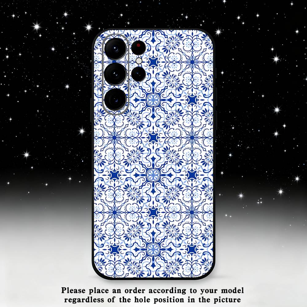 blue and white porcelain Phone Case For Samsung S25,S24 Ultra,S20,S30 plus,S22 plus,S23,S30 Ultra 5G Silicone Black Shell