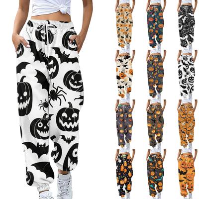Damen Sporthose mit Taschen Mode Halloween-Print Hose mit elastischem Bund Lässige Jogginghose