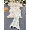 French Style Gentle Fancy Cut Out Knitting Cardigan Outwear + Silm Sheath Fishtail Skirt Two-piece Set