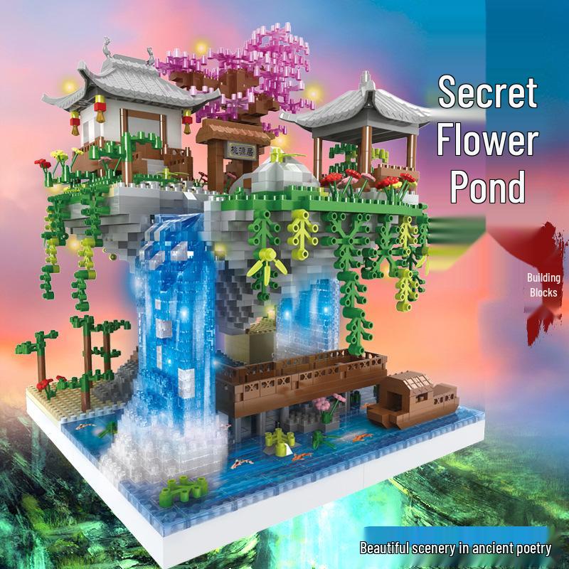 Fairy Pavilion Cherry Blossom Treehouse with Peach Blossom Pond - Creative Ancient Style Building Block Ornament, Handmade Assembly Scene.