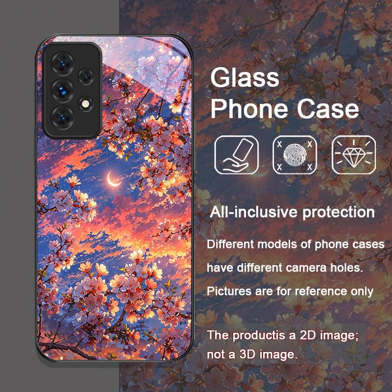 Moon Cherry Blossom Pattern Scenery Tempered Glass Phone Case for Samsung Galaxy A56 A72 A55 A54 A53 A52 A36 A15 A14 A13 Covers
