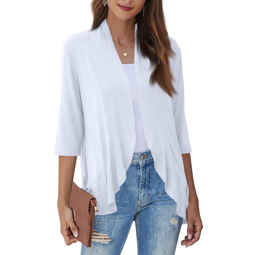 Women's Fashion Casual Seven Minute Sleeve Color Ruffle Cardigan Top