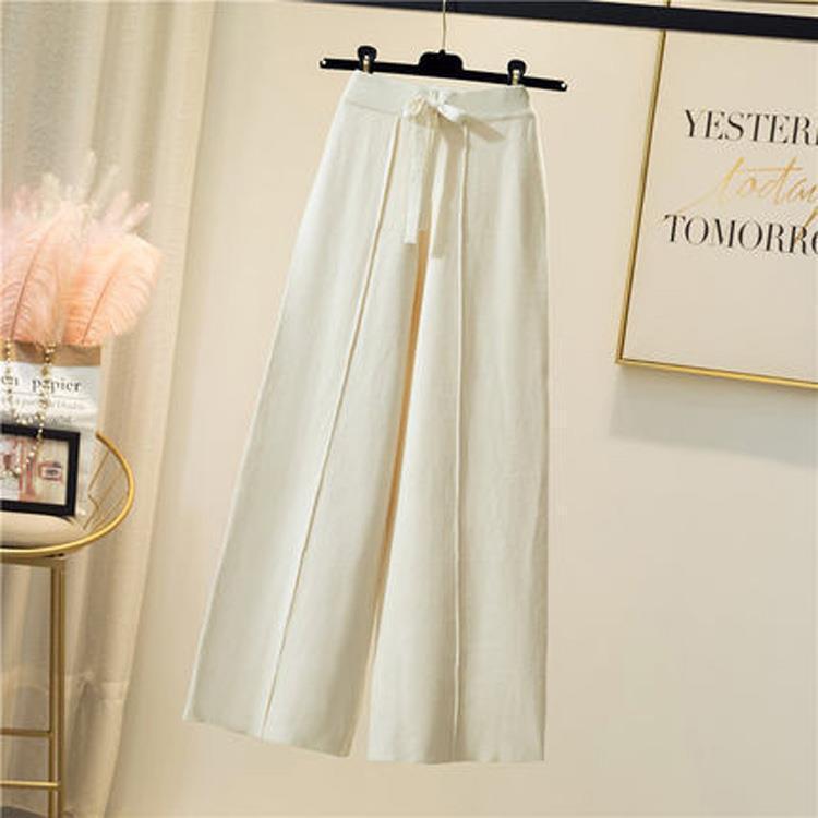 Women's Off-White Tie-Waist Knitted Wool Pants - High Waist, Wide Leg, Floor-Length, Autumn/Winter Style