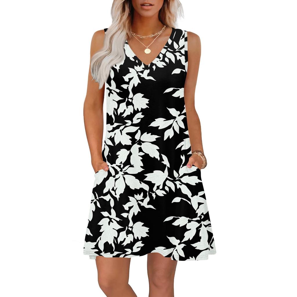 Women's Summer Dresses Loose Fit Printed V Neck Sleeveless Sundresses Beach Hawaiian Dress With Pockets