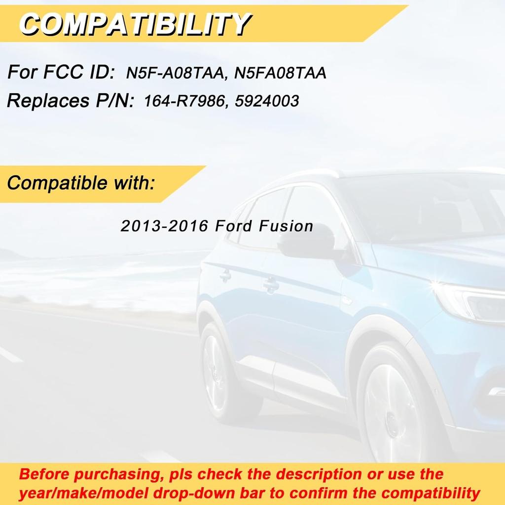 Key Fob Replacement for 2013 2014 2015 2016 Ford Fusion Car Keyless Entry Remote Control, N5F-A08TAA N5FA08TAA, 4 Buttons, 2Pcs