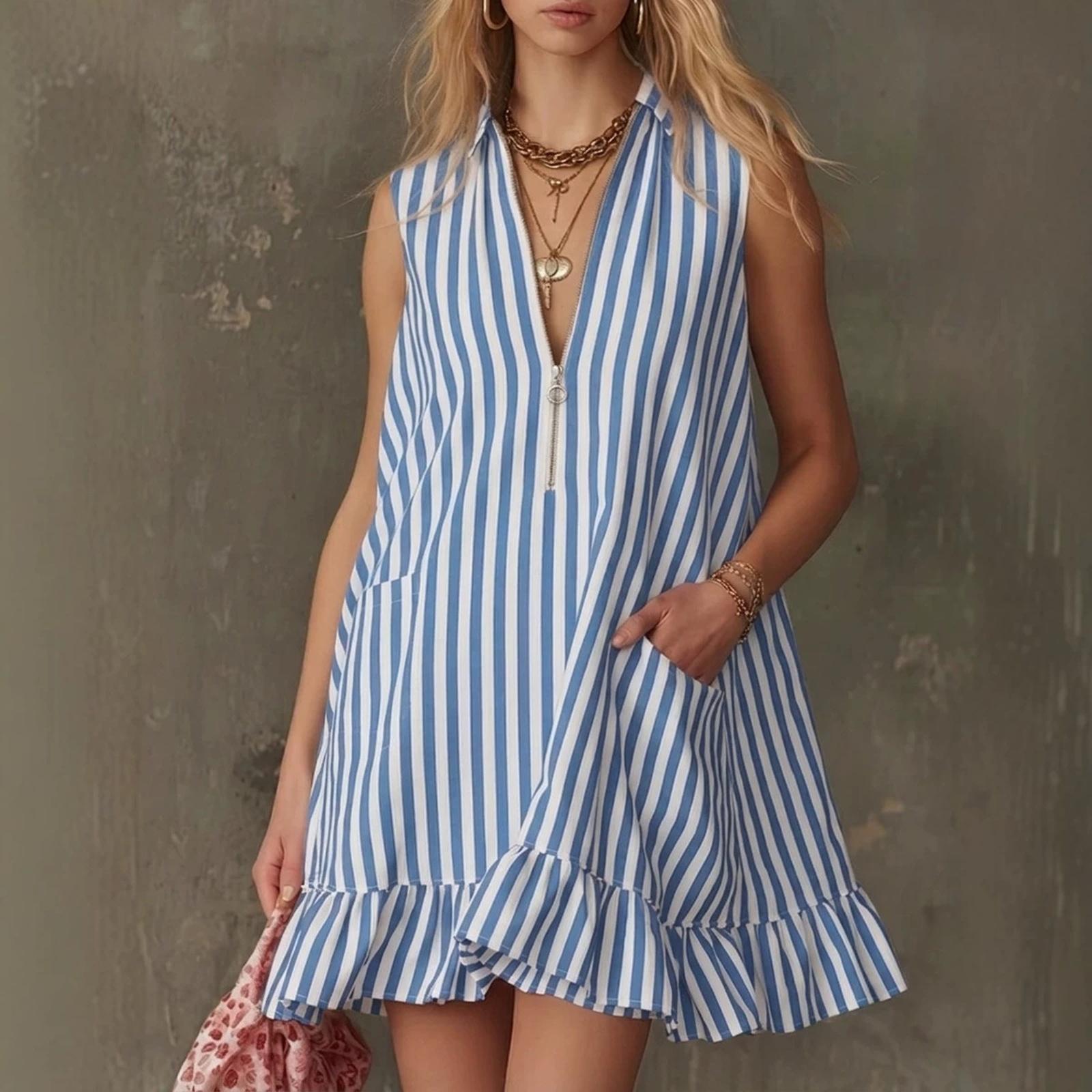 

Women Sleeveless Vintage Dress V Neck Striped Pattern Ruffle Hem Casual Loose Fit Summer Beachwear L
