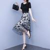 Women Midi Dress Flower Printed Fake Two Piece Mesh Bow-knot Tight Waist Dating Short Sleeves O Neck Lady Party Summer Dress Female Clothes