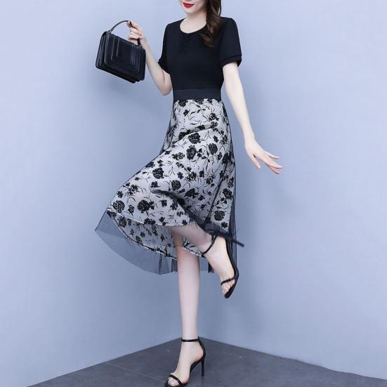 Women Midi Dress Flower Printed Fake Two Piece Mesh Bow-knot Tight Waist Dating Short Sleeves O Neck Lady Party Summer Dress Female Clothes
