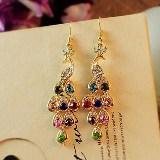 Women Bohemian Retro Peacock Eardrop Pendant Rhinestone Big Dangle Drop Earrings