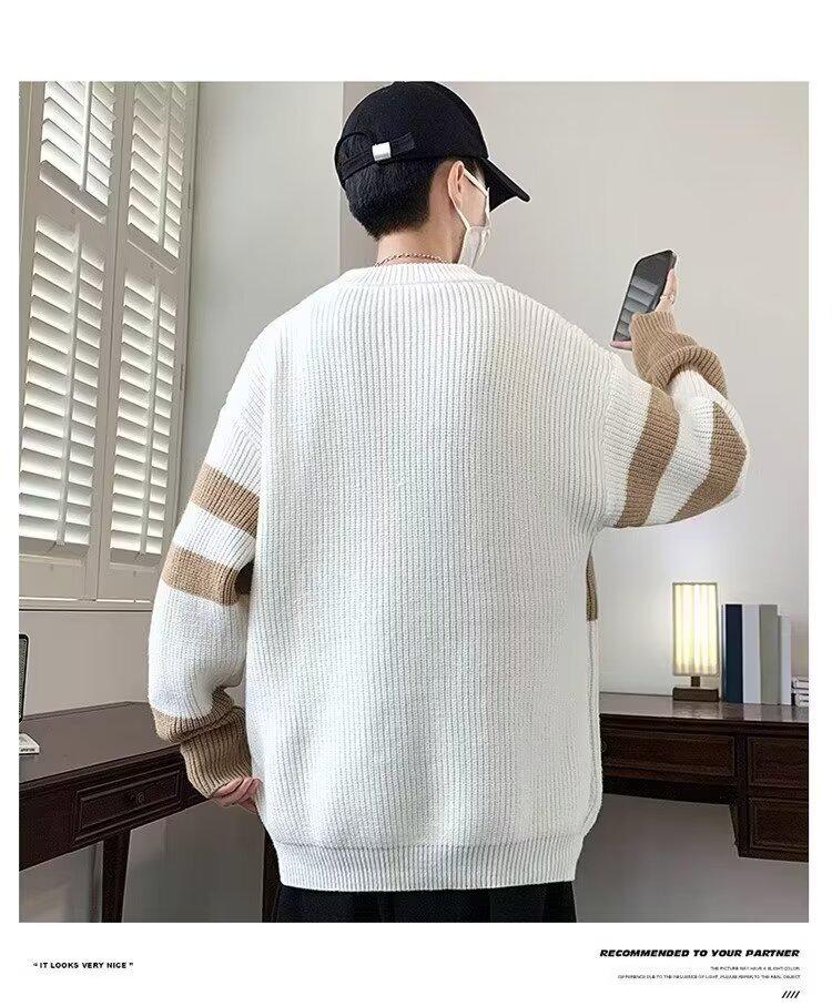 Ανδρικό Μοντέρνο Φθινοπωρινό/Χειμερινό Πλεκτό Πουλόβερ Χαλαρής Γραμμής με Χρωματικές Ενότητες