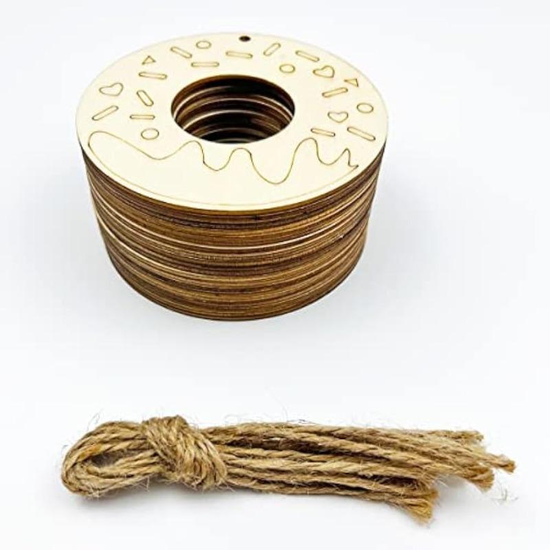 10pcs Unfinished Wood Donuts Wood Cutouts for DIY Crafts Wooden Donuts Shaped Hanging Ornaments with Hole Hemp Ropes Gift Tags
