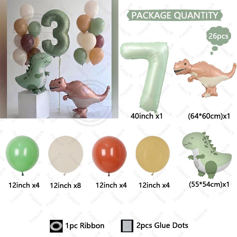 26pcs Tyrannosaurus Rex Cute Dinosaur Balloon Olive Green Number 1-9 Balloon Set Jurassic Theme Birthday Party Decoration