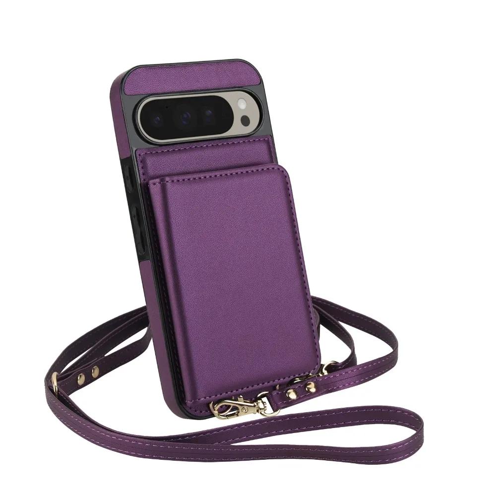 

Lanyard Crossbody Leather Phone Case for Google Pixel 9 Pro XL 9a 8a Wrist Strap Wallet with RFID Blocking Card Holder Cover Google Pixel 9 Pro темно-фіолетовий колір