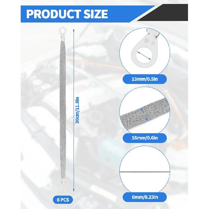 6 PCS Universal Automotive Braided Copper Ground Strap, 12 Inch Engine Ground Strap Kit With Terminal Plugs, Copper Tinned Ground Strap Wire For Most