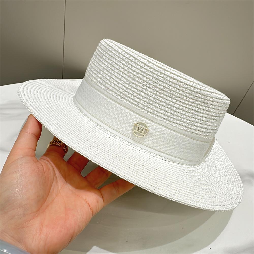 

Sunscreen sunshade rhinestone M standard flat top straw hat women s versatile retro British white top hat Adult average size білий