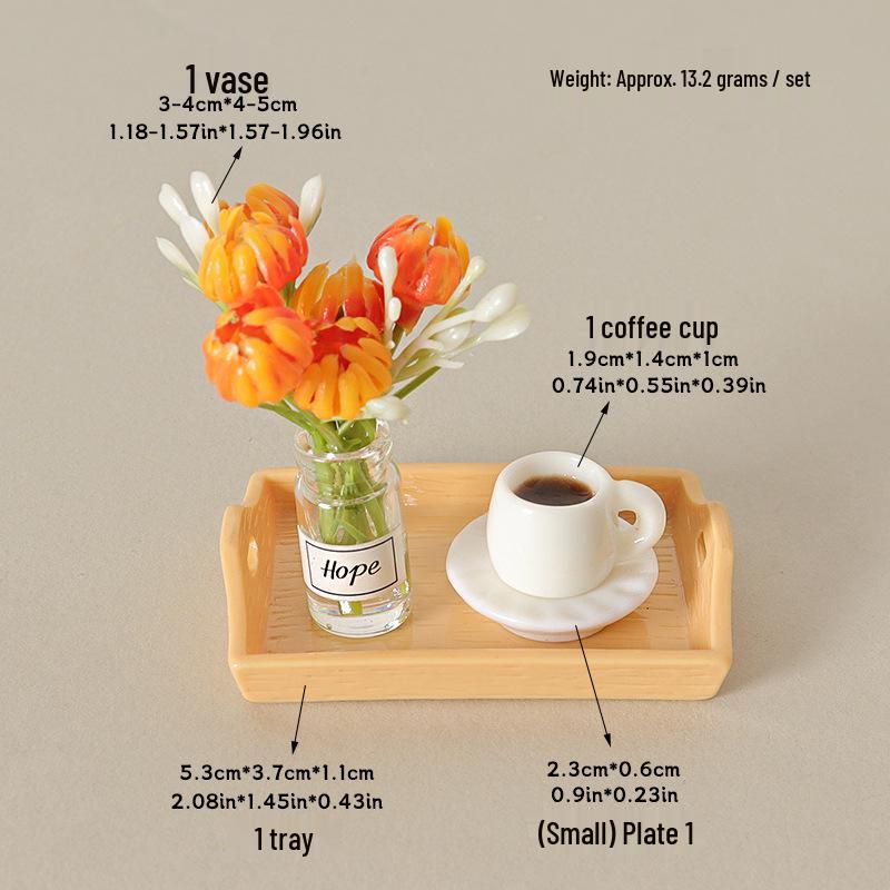 Miniature Dollhouse Coffee Cup Ornament Set - Handmade Tray & Vase Accessories
