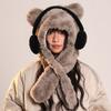 Autumn and Winter Cute Plush Earphones Bear Scarf One Piece Hat Warm Ear Protection Hat Anti Cold Wave