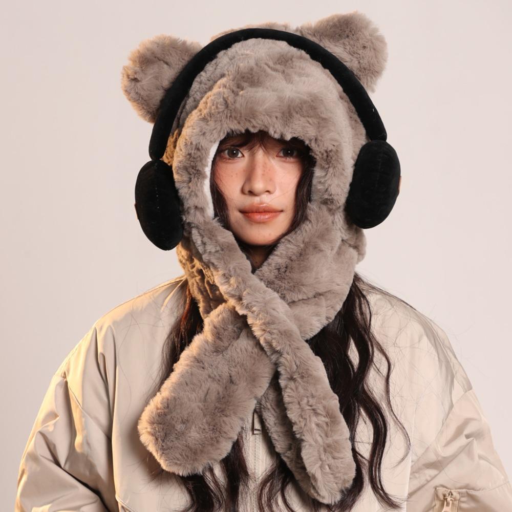 Autumn and Winter Cute Plush Earphones Bear Scarf One Piece Hat Warm Ear Protection Hat Anti Cold Wave