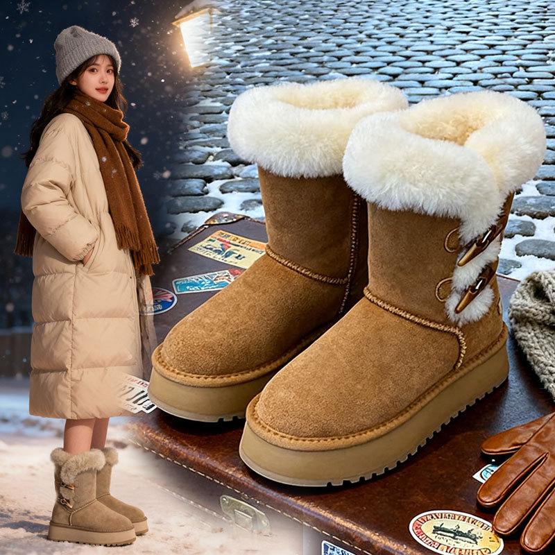 Wear thick-soled snow boots outside, women's medium tube 2025 new winter new products, piled, thickened and lightweight fur integrated cotton shoes