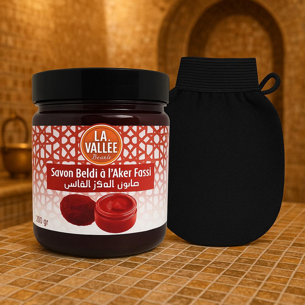 Savon Noir Aker Fassi Marocain Traditionnel (Beldi) 200g avec Gant Exfoliant Kessa – Set de Soins Naturels pour Hammam