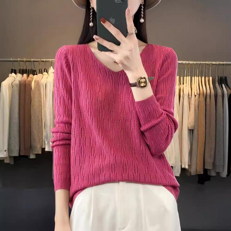 Neues V-Ausschnitt Hollow Bottoming Shirt Damen Pullover Kammgarnwolle leicht transparent lässig locker Pullover Top