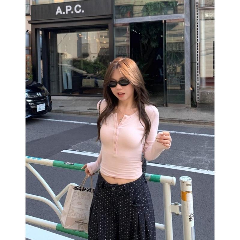 [Keren Cotton Modal] Solid Color Simple Button Slim and Thin Round Neck Design Versatile Top Tide