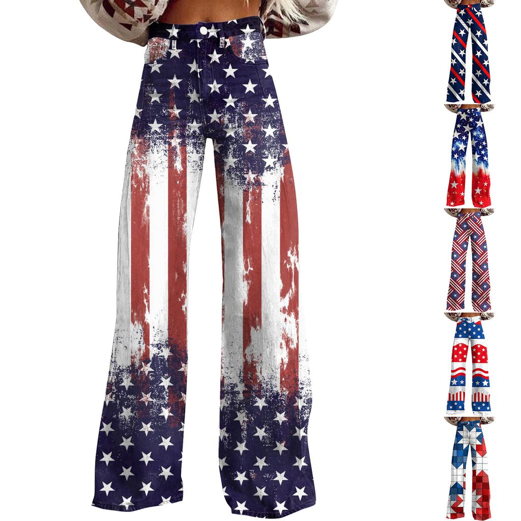 Wide Leg Flare Jeans For Women With Pockets Baggy Pants Vintage Floral Print High Waisted Loose Pant