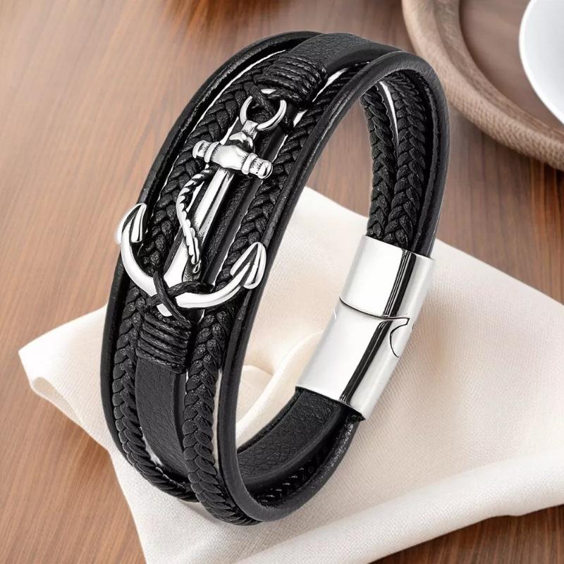 2026 Men s Retro Woven Leather Rope Bracelet, Anchor Fashion Personality European and American Style Bracelet Jewelry 19CM