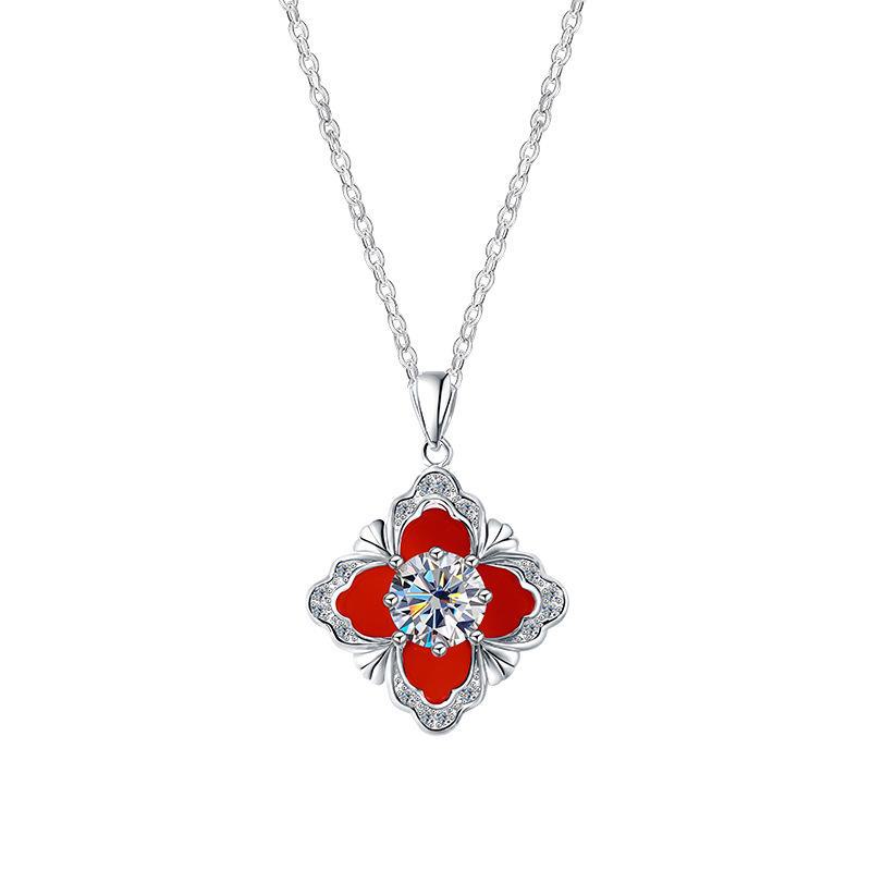 S925 Sterling Silver Korean Moissanite Four-Leaf Clover Necklace - Light Luxury National Style for Ladies